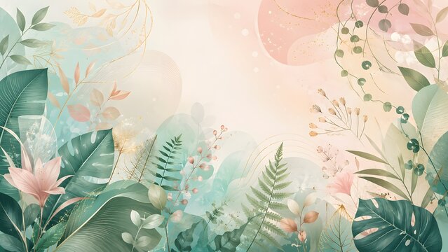 A horizontal digital illustration of a lush tropical jungle with monstera leaves, ferns, pink flowers, and gold accents. Suitable for wallpaper designs and luxury resort branding.