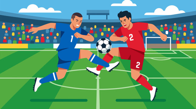 Two professional soccer players in blue and red uniforms competing intensely for ball possession during dramatic midfield duel at packed stadium on sunny day vector illustration