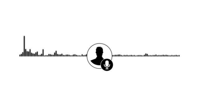 Virtual male character interview voice animation. Voice recording and podcast mic microphone button icon animation. music equalizer signal. 4k video animation 