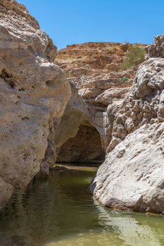 A pool of water near Nahal Rahaf-Rahaf Stream in the Judean Desert in Israel.
