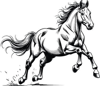 Hand drawn running horse detailed sketch illustration, vintage wild stallion line art isolated on white vector