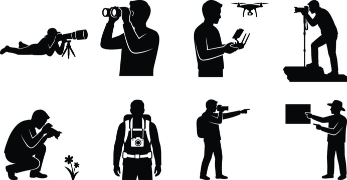 Photographer and videographer silhouettes set featuring drone operator camera gear tripods and wildlife sightseeing activities