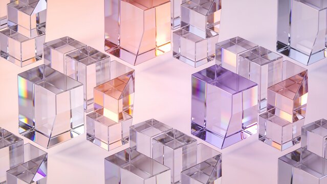 Vibrant 3D render of transparent glass block prisms displaying colorful light dispersion. Ideal for physics presentations, technological concepts, and modern artistic wallpapers.