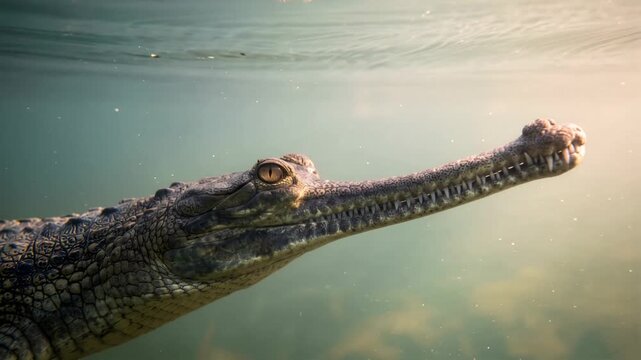 gharial underwater close up in chambal river india morning light video