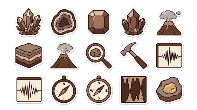 Clean Flat Stickers Set of Geology and Mining Themed Icons with Earthy Brown and Neutral Tones with high quality professional line art symbols for modern creative design and digital branding projects