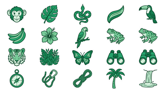 Clean Green Jungle Themed Icons Set with Monkeys Birds Plants and Adventure Gear in Earthy Tones