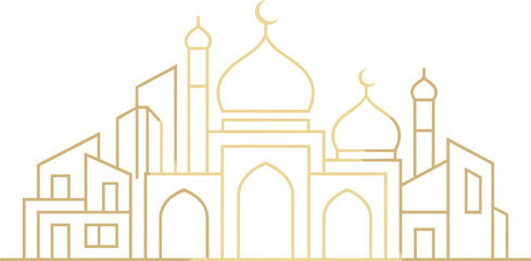 Islamic cityscape vector background featuring golden line art outline of a traditional mosque domes minarets and urban houses isolated on white background © mst