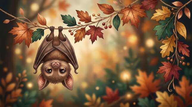 Cute little bat hanging upside down on rustic branch with autumn maple leaves against soft bokeh forest background artistic.