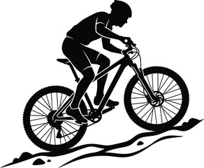 Obraz premium Silhouette of a male cyclist riding a mountain bike on a trail isolated on white, dynamic off-road cycling scene