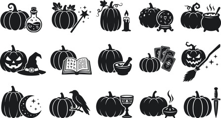 Halloween pumpkin and witchcraft silhouette icon collection set featuring magic elements potion cauldron spell book crystal ball tarot cards isolated on white background © mst