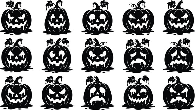Halloween pumpkin jack o lantern melting silhouette vector icon set featuring scary creepy carved faces with dripping slime isolated on white background