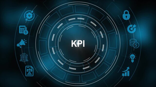 Kpi performance metrics dashboard interface with digital business and data analytics hud animation key performance indicator