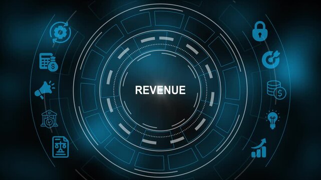 Revenue growth strategy digital hud interface with financial and business analytics data visualization