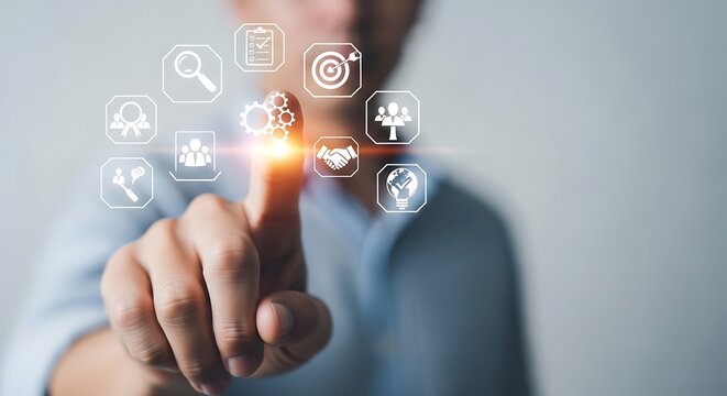 businessman pressing virtual button