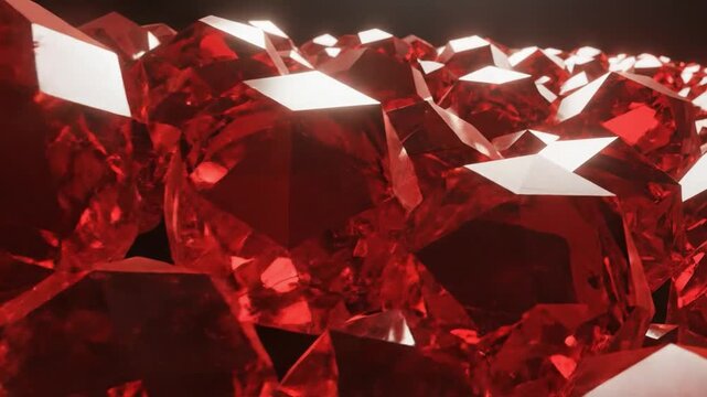 Abstract pan across a pile of vibrant red faceted gemstones and geometric polyhedrons