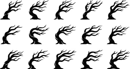 Obraz premium Collection of 12 black silhouette tree icons with twisted branches
