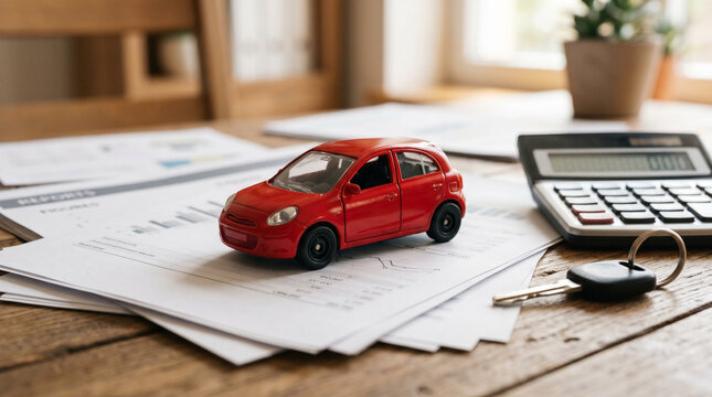 Red toy car on office desk with financial documents.