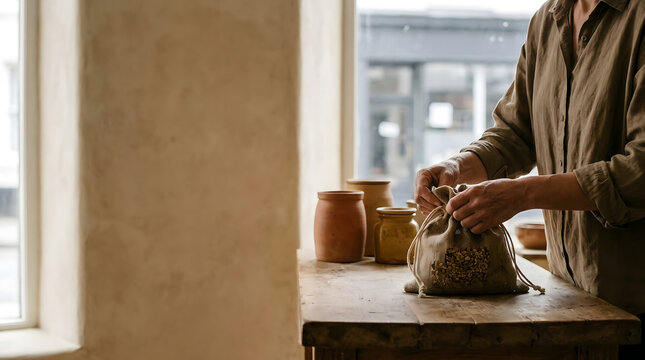 Manos de una persona atando una bolsa de tela de saco con semillas sobre una mesa de madera r&uacute;stica, estilo de vida ecol&oacute;gico y natural