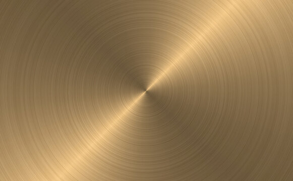 Circular brushed gold metal texture background with radial shine and light reflections on a polished bronze surface.