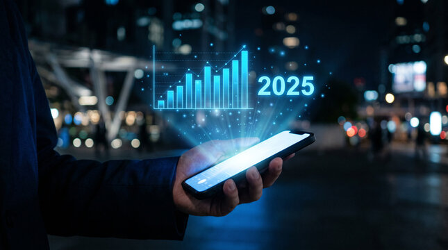 Smartphone showing 2025 business growth and financial charts.