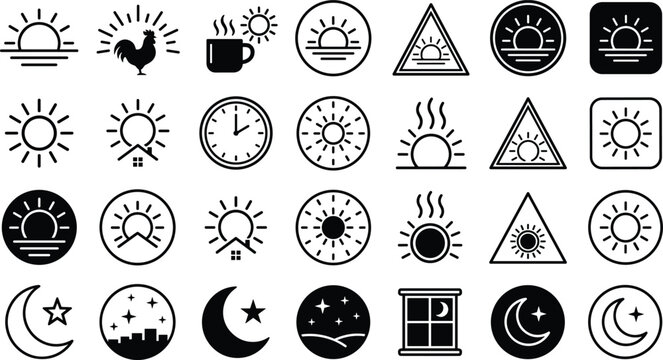 Sunrise and Sunset Line Icon Set featuring Morning Rooster, Coffee Cup, Clock, Daytime Sun, and Night Crescent Moon Symbols for Weather Interface Designs
