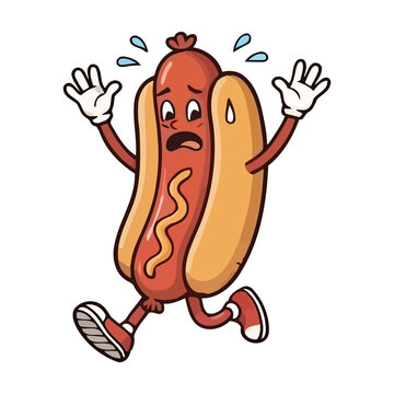Scared hot dog character running away in a retro cartoon style illustration