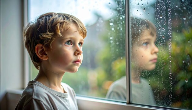 A Lonely Child Looking Out a Rainy Window
