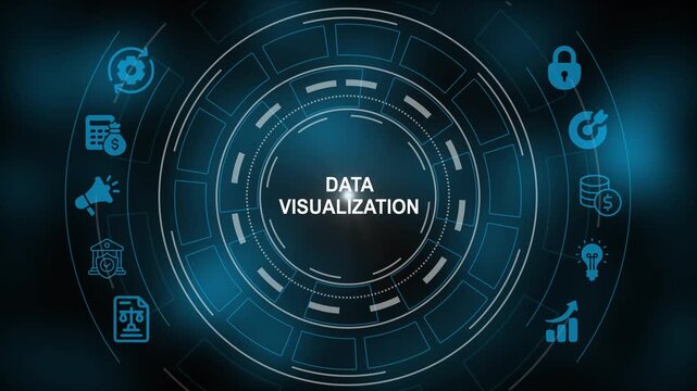 Data visualization hud interface with digital business analytics and circular tech motion business intelligence