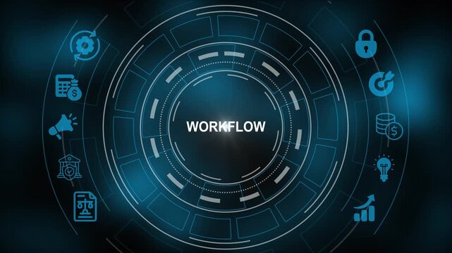 Digital workflow hud interface with business and data analytics animation for corporate technology and management presentations