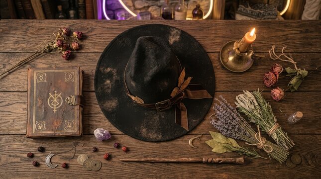 Ancient spell book and black witch hat on dark wooden table surrounded by dried roses crystals wand and burning candle.