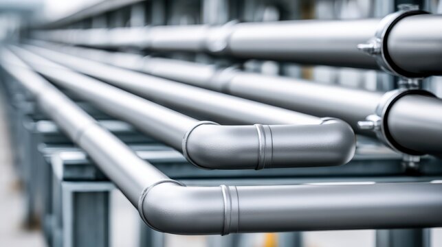 Close-up of industrial metal pipes with bends, arranged in parallel, highlighting their smooth, reflective surfaces and precise construction.