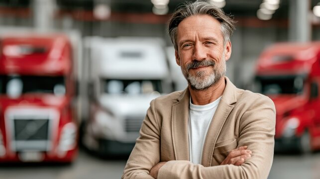A confident middle-aged man with gray hair and beard stands with arms crossed in front of several red and white trucks in a transport yard.