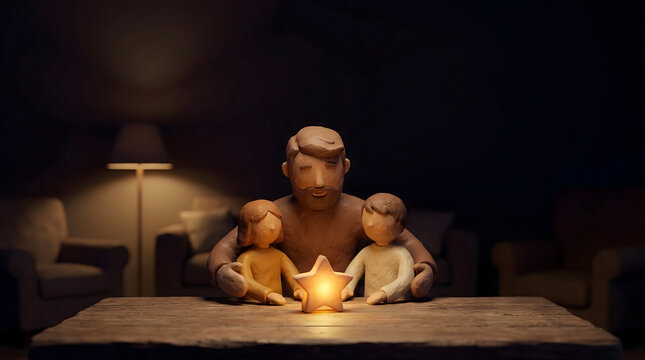 Familia de plastilina con un padre y sus hijos contemplando una estrella luminosa en una mesa de madera, concepto de amor y esperanza