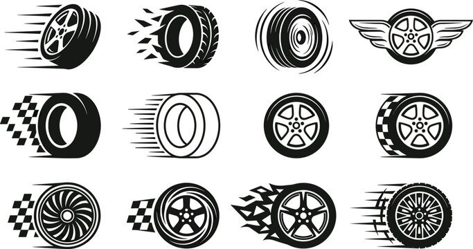 Speeding Car Tire and Wheel Silhouette Icon Set featuring Racing Checkered Flags, Burning Fire Flames, and Wing Emblems for Automotive Motorsport Designs
