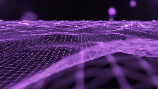 Abstract purple wireframe mesh undulating in a digital wave pattern for technology concepts