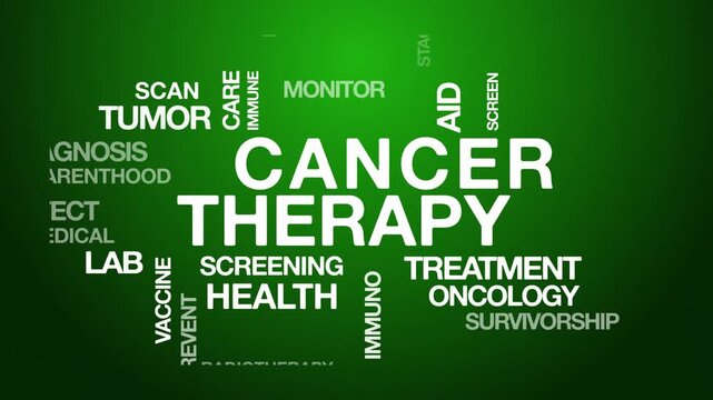 Cancer therapy concept Animated Tag Word Cloud kinetic typography, Text Design Animation typography seamless loop video motion graphics Intro Wordart arrangement green background bg backdrop