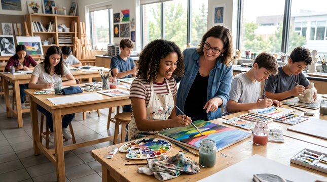 Engaged teacher provides encouraging guidance to a diverse group of creative students during a vibrant painting and drawing session in a bright, modern art classroom