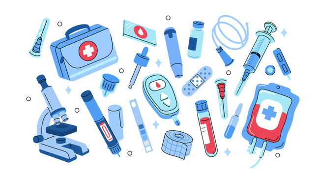 Blood test and biomarker screening vector illustration set. Phlebotomy equipment, glucose monitoring devices, blood tubes, IV infusion, syringes laboratory tools for preventive healthcare.