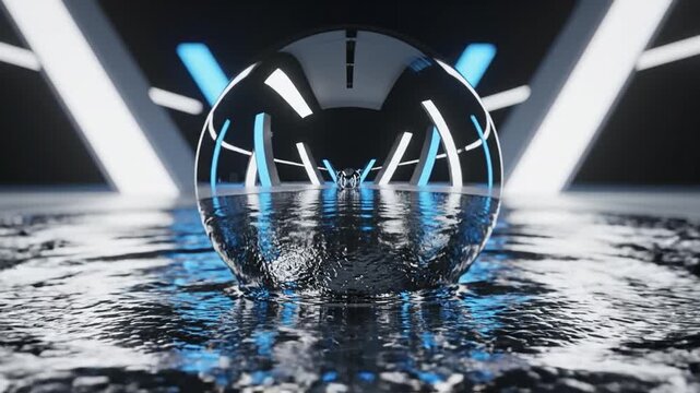 Abstract silver chrome sphere reflecting futuristic environment with floating liquid mercury ripples
