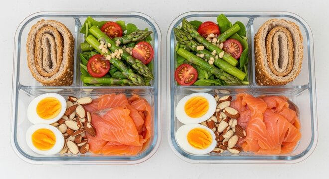 Two glass meal prep containers with salmon, eggs, asparagus, and bread rolls