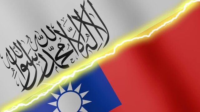 Two waving flags Afghanistan and Taiwan with diagonal lightning seamless, 4k loop