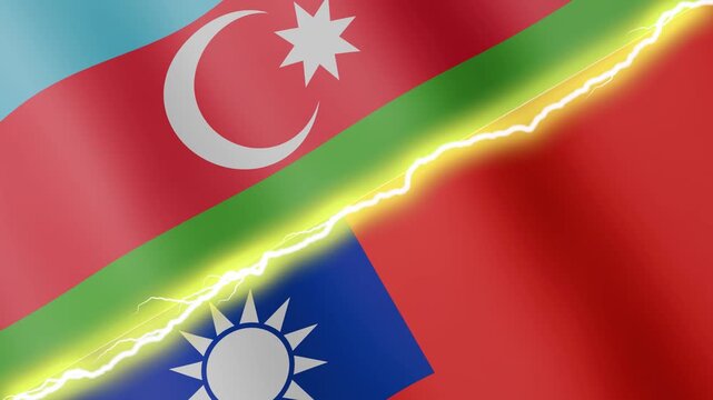 Two waving flags Azerbaijan and Taiwan with diagonal lightning seamless, 4k loop