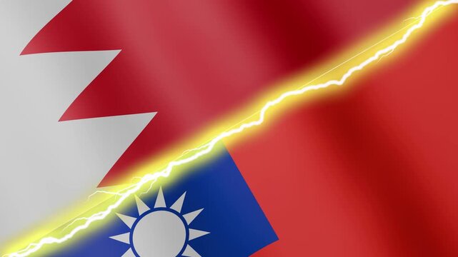 Two waving flags Bahrain and Taiwan with diagonal lightning seamless, 4k loop