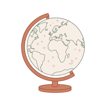 A globe sits on a stand showing continents and stars on its surface