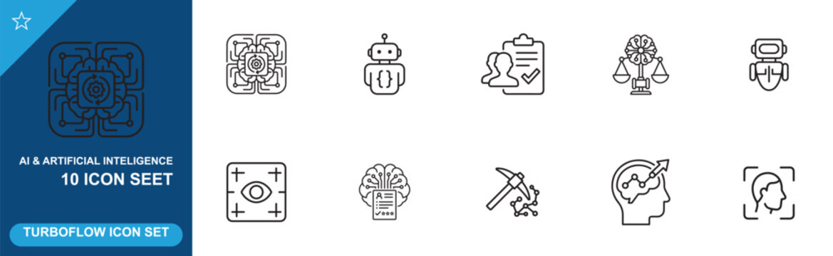 Ai artificial intelligence icon set including mind mapping, data analysis and robot automation.
