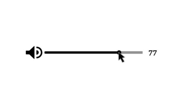 Mouse cursor slide over click volume up button on white Background. Mouse Cursor Clicks Volume Up. Device Screen View of Cursor Sliding Increase Sound to Music Song Track or Video Media Player.