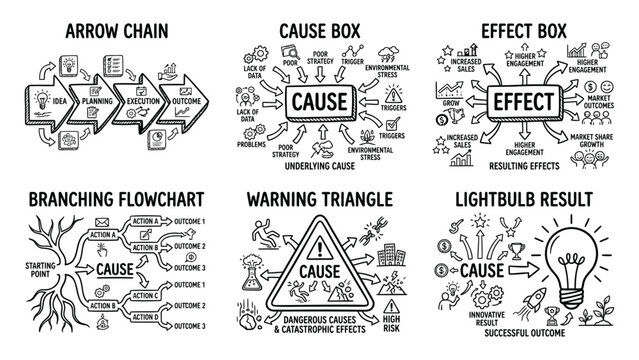 Set of hand drawn business strategy and cause effect diagrams