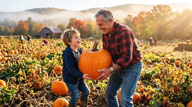 Grandfather and grandson harvesting large pumpkin in autumn field