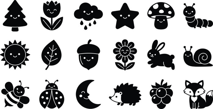 Cute Kawaii Nature and Woodland Forest Animal Silhouette Vector Icon Set Featuring Tree Flowers Raincloud Star Mushroom Insects and Friendly Critters