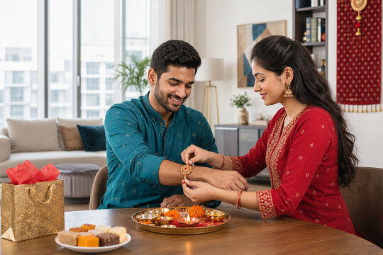 Modern Indian siblings celebrating Raksha Bandhan in contemporary apartment